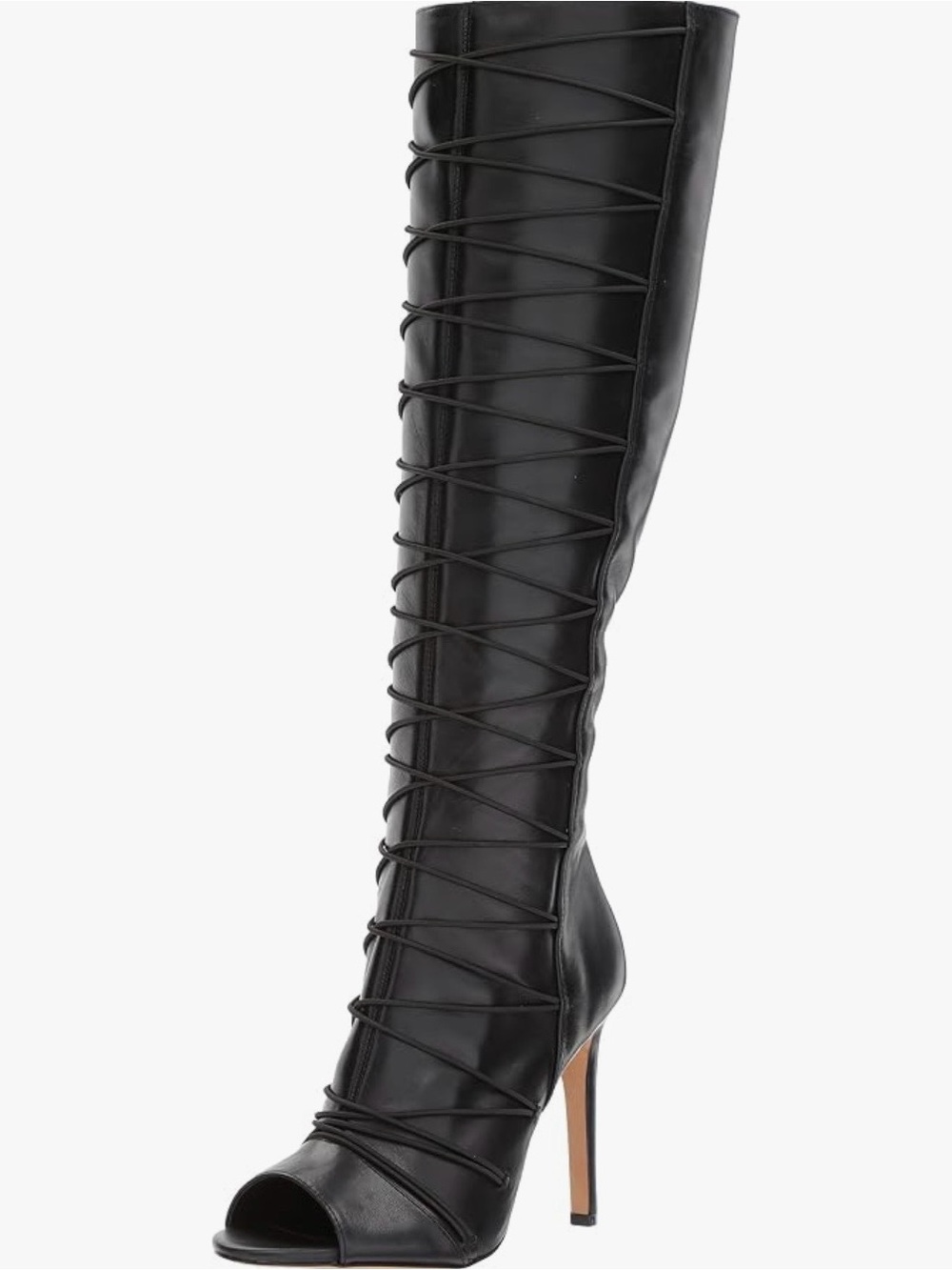 Vince Camuto Black Lace-Up Knee-High Peep-Toe Stiletto Boot (Kendra)